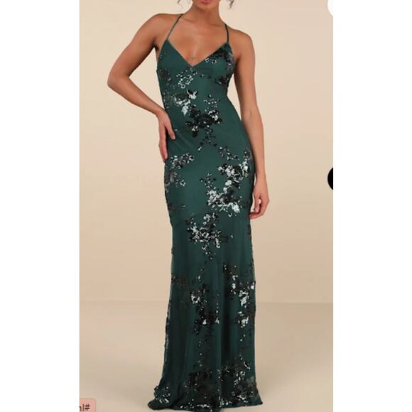 LULU'S SZ M Valhalla Forest Green Sequin Mermaid Lace-Up Maxi Dress NWT 0B5 - Picture 1 of 11